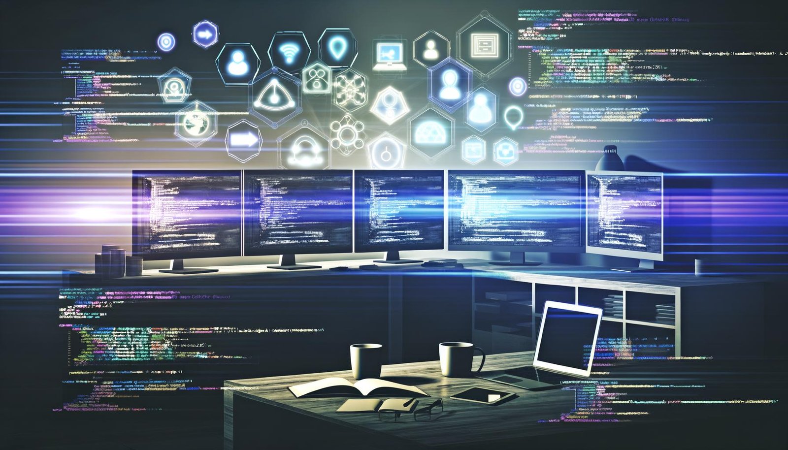 Zeitgemäßer Arbeitsplatz mit mehreren Bildschirmen, Social Media Grafiken, Code und Daten-Dashboards, umgeben von Laptops, Tablets und Kaffeetassen in technischer Atmosphäre.