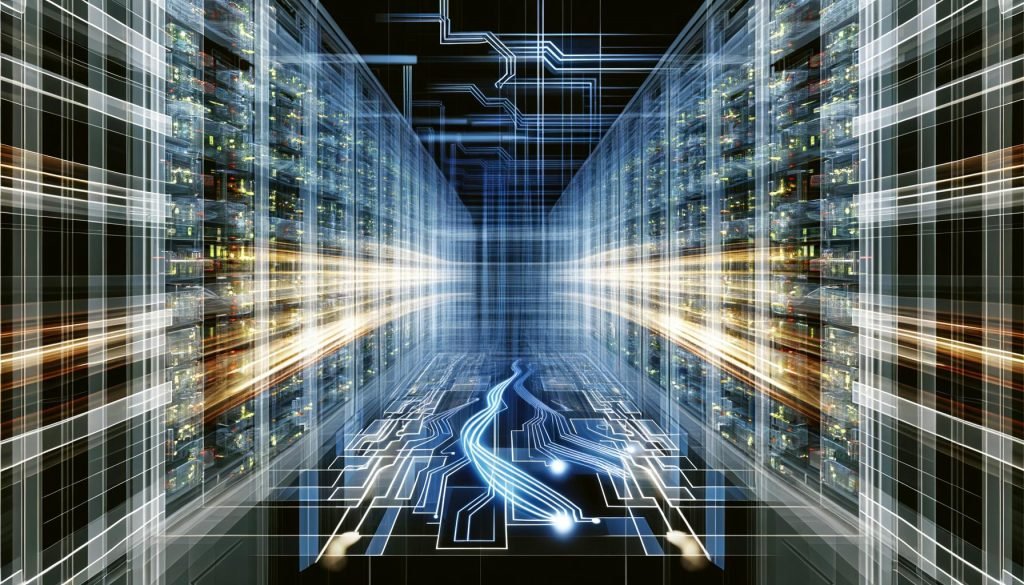 Abstraktes Maschineninnere eines modernen Rechenzentrums mit Lichtspuren, leuchtenden Datenströmen und überlagerten schematischen neuronalen Netzen.