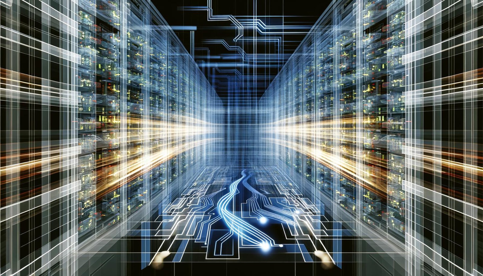 Abstraktes Maschineninnere eines modernen Rechenzentrums mit Lichtspuren, leuchtenden Datenströmen und überlagerten schematischen neuronalen Netzen.