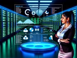 SEO-Experte analysiert auf großem transparentem Bildschirm Serverlogs und Datenvisualisierungen in einem modernen, leuchtenden Serverraum – mit Googlebot, Bingbot und Crawling-Spider-Icons.