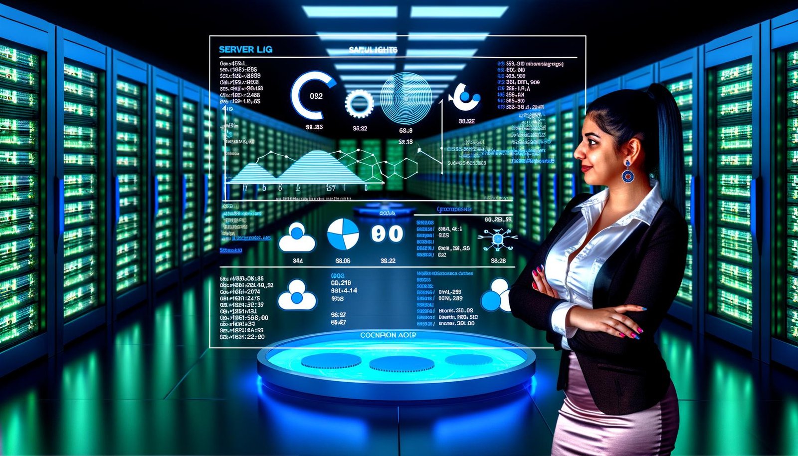 SEO-Experte analysiert auf großem transparentem Bildschirm Serverlogs und Datenvisualisierungen in einem modernen, leuchtenden Serverraum – mit Googlebot, Bingbot und Crawling-Spider-Icons.