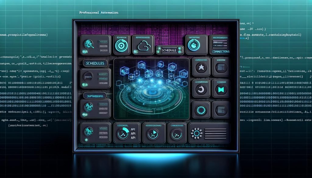 Abstraktes Dashboard mit API-Verbindungen, Zeitplänen und Warnungs-Icons in einer technisch anmutenden Maschinenraumkulisse. Typische Make.com-Elemente, leuchtende Linien sowie Zahlen und Codeschnipsel im Hintergrund.