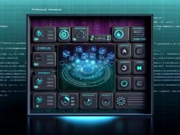 Abstraktes Dashboard mit API-Verbindungen, Zeitplänen und Warnungs-Icons in einer technisch anmutenden Maschinenraumkulisse. Typische Make.com-Elemente, leuchtende Linien sowie Zahlen und Codeschnipsel im Hintergrund.
