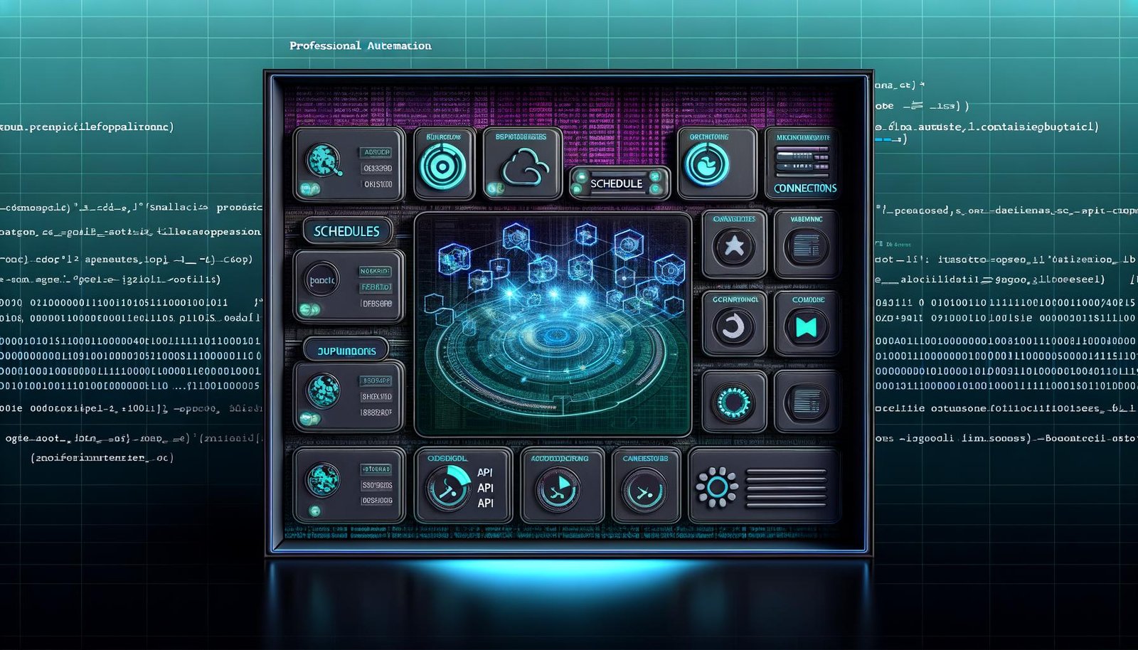 Abstraktes Dashboard mit API-Verbindungen, Zeitplänen und Warnungs-Icons in einer technisch anmutenden Maschinenraumkulisse. Typische Make.com-Elemente, leuchtende Linien sowie Zahlen und Codeschnipsel im Hintergrund.