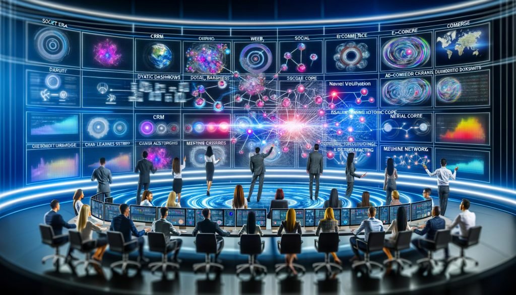 Futuristisches Marketing-Kontrollzentrum mit diversen Fachleuten, die Echtzeitdaten und KI-Visualisierungen auf großen Bildschirmen analysieren.