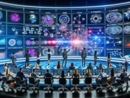 Futuristisches Marketing-Kontrollzentrum mit diversen Fachleuten, die Echtzeitdaten und KI-Visualisierungen auf großen Bildschirmen analysieren.