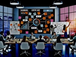 Modernes, kollaboratives Team arbeitet in dynamischem Workspace mit Schreibtisch voller Tools, Monitoren mit Analysen, Kanban-Board und Mindmap sowie Post-Its zu Content-Strategie.