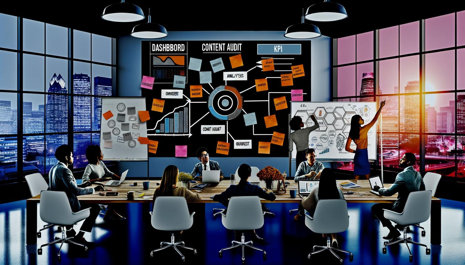 Modernes, kollaboratives Team arbeitet in dynamischem Workspace mit Schreibtisch voller Tools, Monitoren mit Analysen, Kanban-Board und Mindmap sowie Post-Its zu Content-Strategie.