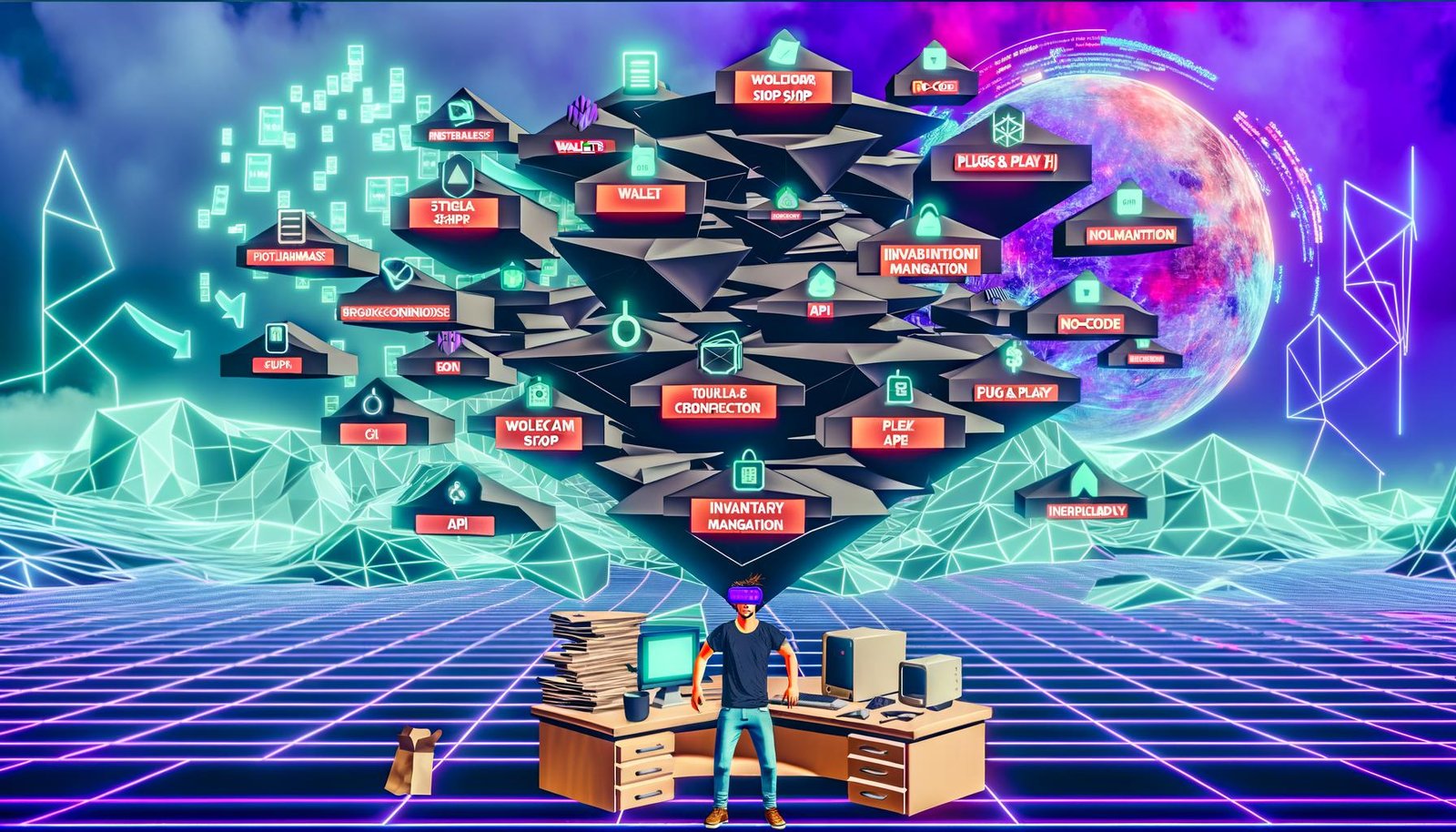 Metaphorisches Titelbild eines überforderten Solopreneurs am futuristischen Schreibtisch mit VR-Brille und umgeben von digitalen Shop-Interfaces, Blockchain-Logos, APIs, Error-Meldungen sowie fragmentierten Metaverse-Welten; ergänzt durch Illustrationen eines Solopreneur-Techstacks, Workflow-Diagramme und satirische Bildnisse technischer Fallstricke.