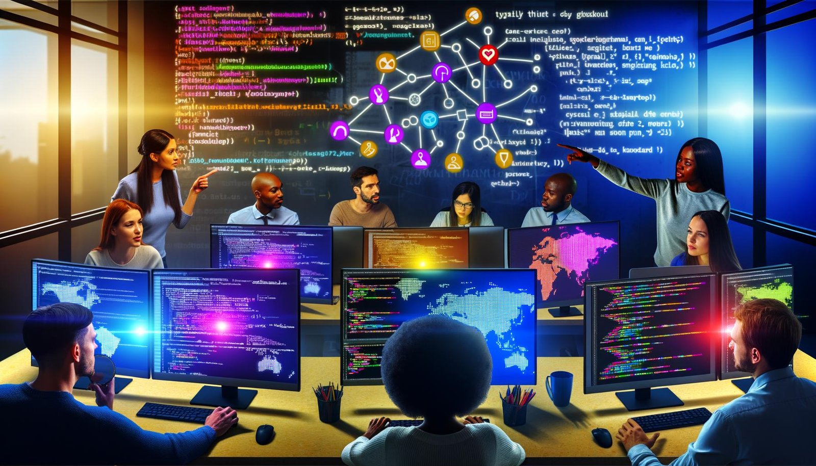 Gruppenszene von Digital Marketers und Data Engineers an leuchtenden Monitoren mit Code, Dashboards und Whiteboard zur Darstellung professioneller Social Media Scraping-Prozesse.