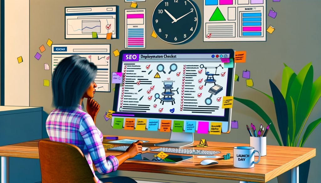 Digitaler Designer am modernen Arbeitsplatz, der konzentriert eine bunte SEO-Checkliste auf großem Monitor prüft, mit Post-its, SEO-Dashboards, robots.txt, Sitemaps und Website-Performance-Grafiken.