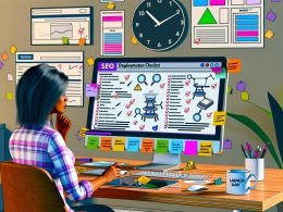 Digitaler Designer am modernen Arbeitsplatz, der konzentriert eine bunte SEO-Checkliste auf großem Monitor prüft, mit Post-its, SEO-Dashboards, robots.txt, Sitemaps und Website-Performance-Grafiken.