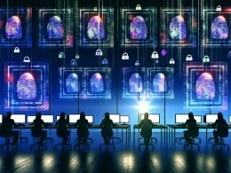 Futuristischer Arbeitsplatz mit Online-Marketing-Team, leuchtenden Browser-Fingerabdruck-Grafiken und schwebenden Datenströmen in Cyber-Thriller Stimmung