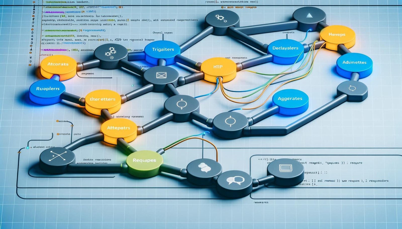 Abstrakter Workflow mit farbigen Modulen auf einem aufgeräumten Business-Dashboard, verbunden durch geschwungene Linien, mit Code-Elementen und Warnhinweisen im Hintergrund, Hightech-Atmosphäre.
