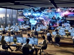 Modernes NFT Shop Dashboard auf Laptop mit bunten Krypto-Symbolen, Wallet-Icons, Umsatzdiagrammen und minimalistischen Technik-Elementen vor dunklem Hintergrund.