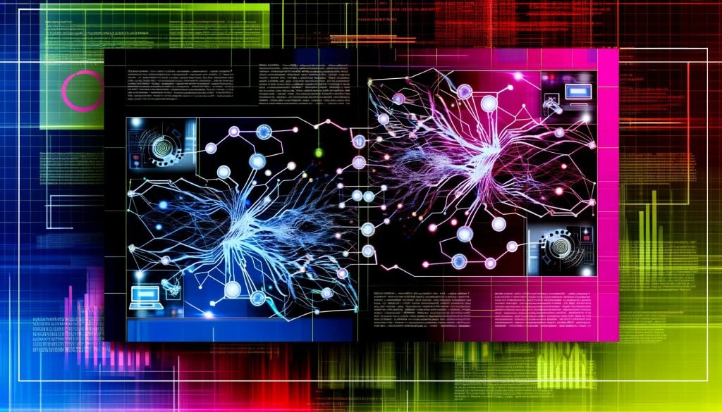 Futuristische Magazin-Seite mit komplexen neuronalen Netzen, Neonfarben, Datenströmen, Zahnrädern, Laptops und Datenbanksymbolen vor Diagrammen und Matrixzahlen.