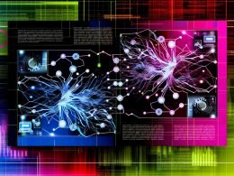 Futuristische Magazin-Seite mit komplexen neuronalen Netzen, Neonfarben, Datenströmen, Zahnrädern, Laptops und Datenbanksymbolen vor Diagrammen und Matrixzahlen.