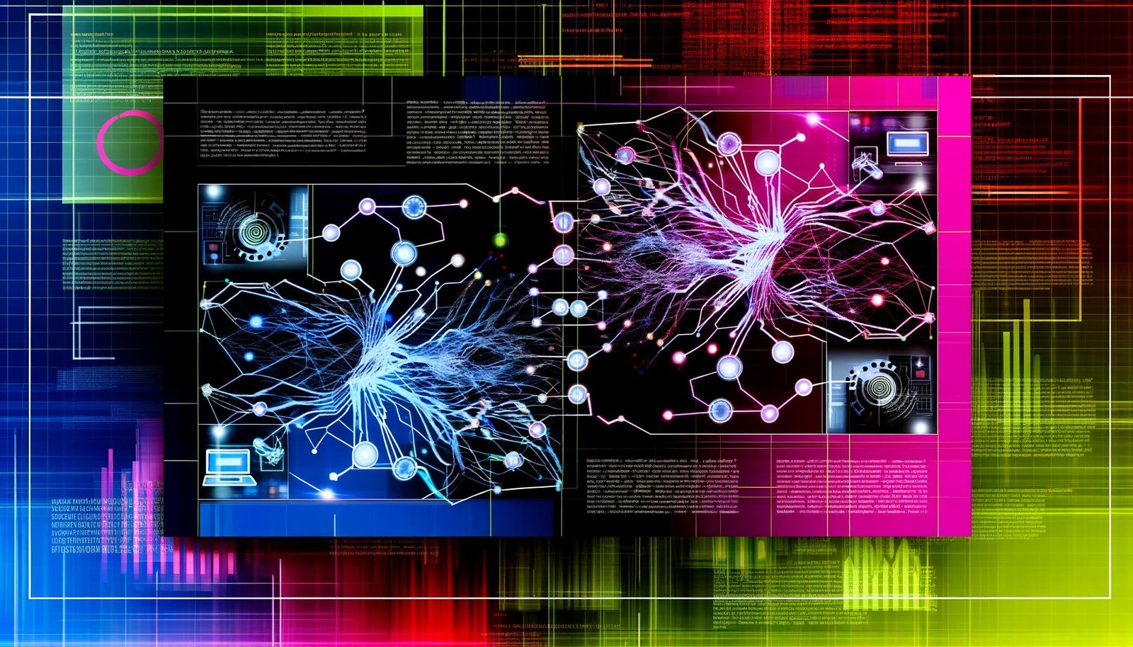 Futuristische Magazin-Seite mit komplexen neuronalen Netzen, Neonfarben, Datenströmen, Zahnrädern, Laptops und Datenbanksymbolen vor Diagrammen und Matrixzahlen.