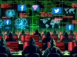 Data Engineers mit Hoodies arbeiten konzentriert in einem dunklen digitalen Maschinenraum voller Monitore, Code, blinkender Datenströme und Social-Media-Logos im Hintergrund.