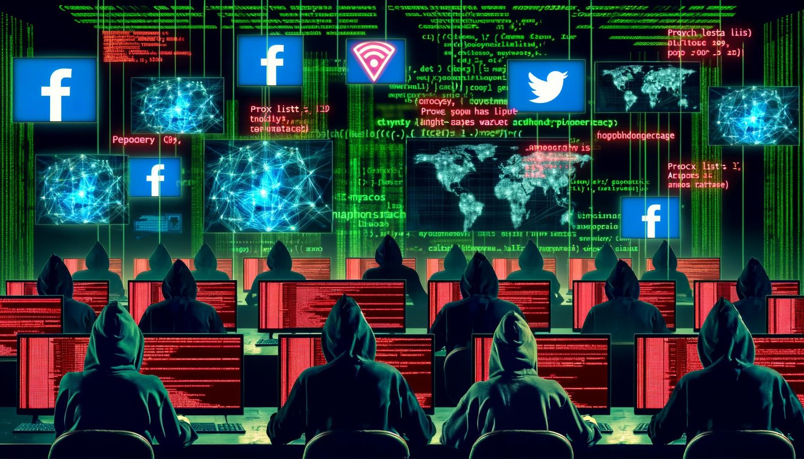 Data Engineers mit Hoodies arbeiten konzentriert in einem dunklen digitalen Maschinenraum voller Monitore, Code, blinkender Datenströme und Social-Media-Logos im Hintergrund.