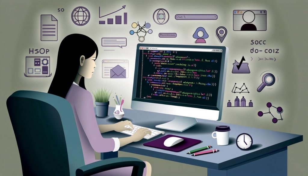 Webentwickler an einem modernen Arbeitsplatz programmiert sauberen HTML5-Code mit übersichtlichen Sektionen und SEO-Elementen wie Ranking-Diagrammen, Google-Suchergebnissen, Accessibility- und Mobile-Icons.