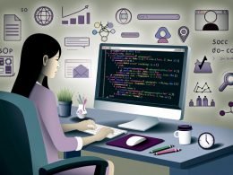 Webentwickler an einem modernen Arbeitsplatz programmiert sauberen HTML5-Code mit übersichtlichen Sektionen und SEO-Elementen wie Ranking-Diagrammen, Google-Suchergebnissen, Accessibility- und Mobile-Icons.