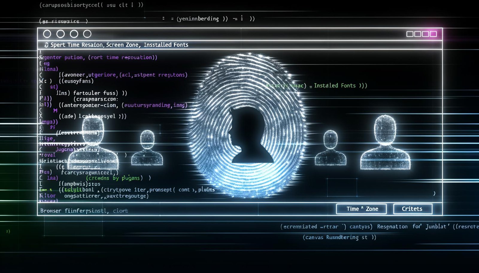 Transparenter digitaler Fingerabdruck aus abstrakten Datenpunkten und technischen Parametern, hinterlegt mit Browserfenstern, JavaScript-Code und anonymisierten Silhouetten vor Datenströmen.