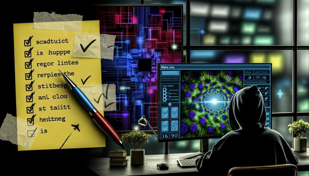 Dunkler Arbeitsbereich mit mehreren Monitoren, make.com Workflows, zerknüllten Notizen, digitaler Checkliste und fokussierter Person im Hoodie