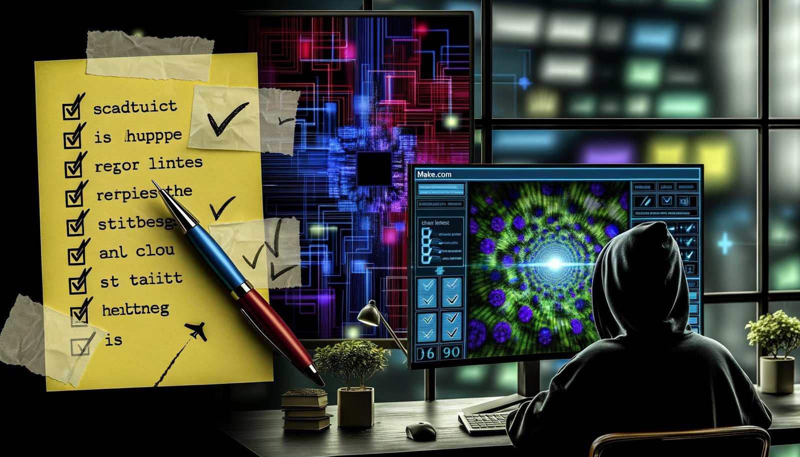 Dunkler Arbeitsbereich mit mehreren Monitoren, make.com Workflows, zerknüllten Notizen, digitaler Checkliste und fokussierter Person im Hoodie