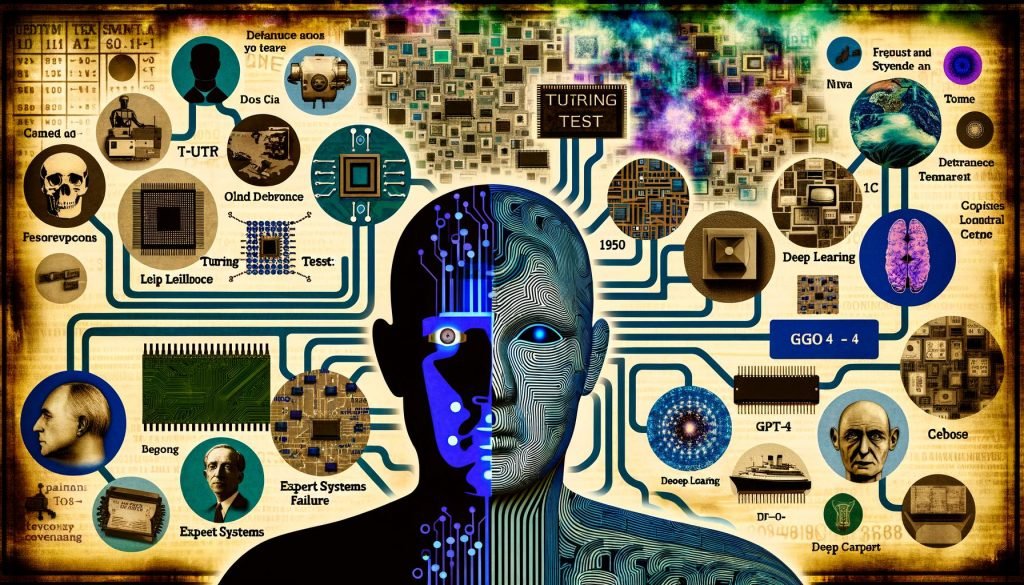 Stilisiertes Titelbild zur Entwicklung der Künstlichen Intelligenz mit symbolischem Kopf, Zeitstrahl und bedeutenden Begriffen von den 1950ern bis heute.