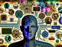 Stilisiertes Titelbild zur Entwicklung der Künstlichen Intelligenz mit symbolischem Kopf, Zeitstrahl und bedeutenden Begriffen von den 1950ern bis heute.