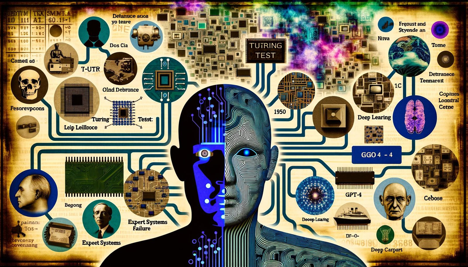 Stilisiertes Titelbild zur Entwicklung der Künstlichen Intelligenz mit symbolischem Kopf, Zeitstrahl und bedeutenden Begriffen von den 1950ern bis heute.