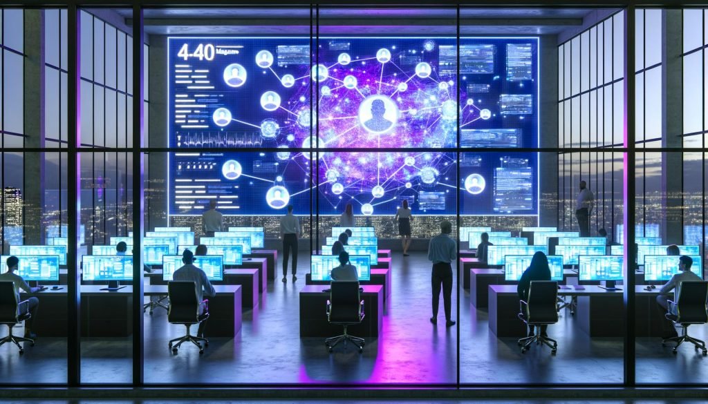 Hypermodernes Büro 2025 bei Nacht mit leuchtenden Bildschirmen, vernetzten Social Media Icons und Mitarbeitern, die digitale Datenstreams analysieren