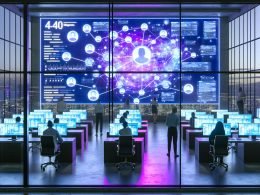 Hypermodernes Büro 2025 bei Nacht mit leuchtenden Bildschirmen, vernetzten Social Media Icons und Mitarbeitern, die digitale Datenstreams analysieren