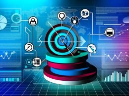 Abstraktes Content Strategie Framework mit Zielscheibe, Lupe, Pfeilen und Datencharts vor digitalen Schnittstellen und Wachstumsindikatoren in starken Farben.