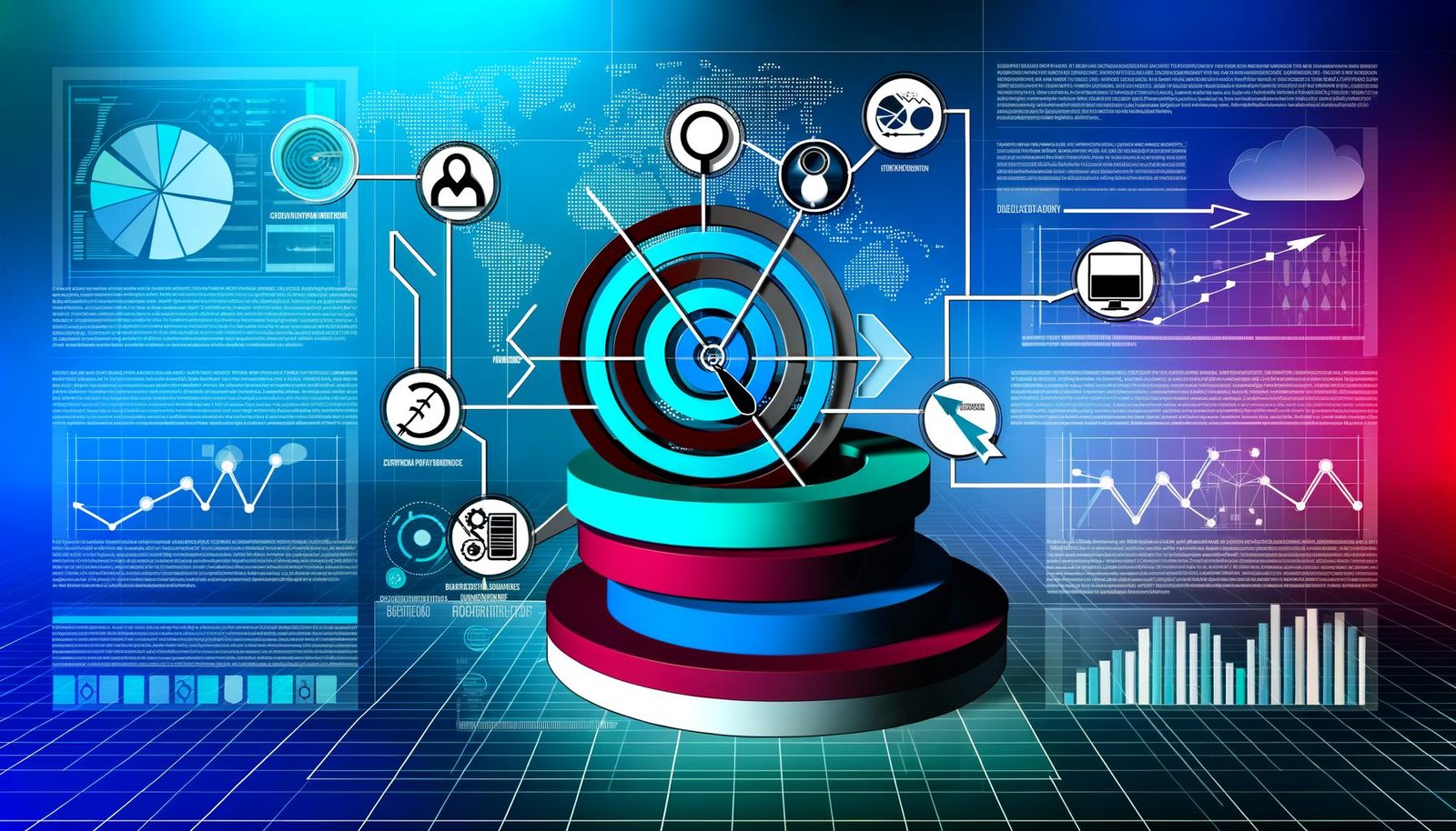 Abstraktes Content Strategie Framework mit Zielscheibe, Lupe, Pfeilen und Datencharts vor digitalen Schnittstellen und Wachstumsindikatoren in starken Farben.