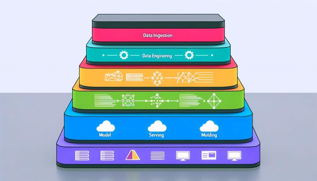 Illustration eines Machine Learning Stacks mit deutlich getrennten Ebenen für Data Ingestion, Data Engineering, Model Training, Model Serving und Monitoring. Jede Schicht zeigt typische Tool-Logos und Symbole, darunter Kafka, Spark, TensorFlow, Kubernetes und Prometheus.