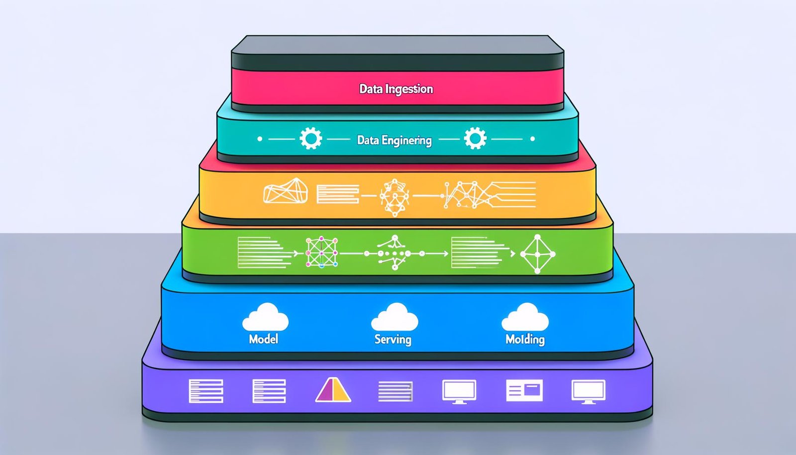 Illustration eines Machine Learning Stacks mit deutlich getrennten Ebenen für Data Ingestion, Data Engineering, Model Training, Model Serving und Monitoring. Jede Schicht zeigt typische Tool-Logos und Symbole, darunter Kafka, Spark, TensorFlow, Kubernetes und Prometheus.