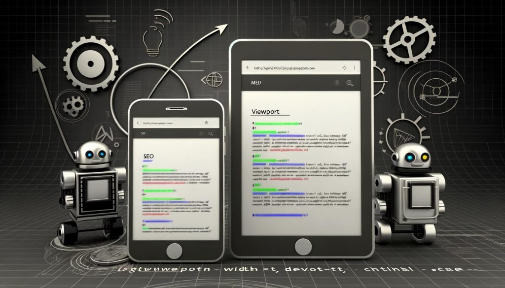 Illustration von Smartphone und Tablet mit responsivem Webseiten-Layout, hervorgehobenem HTML-Viewport-Code und SEO-Symbolen auf digitalem Hintergrund.