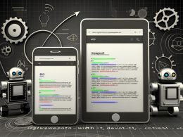 Illustration von Smartphone und Tablet mit responsivem Webseiten-Layout, hervorgehobenem HTML-Viewport-Code und SEO-Symbolen auf digitalem Hintergrund.
