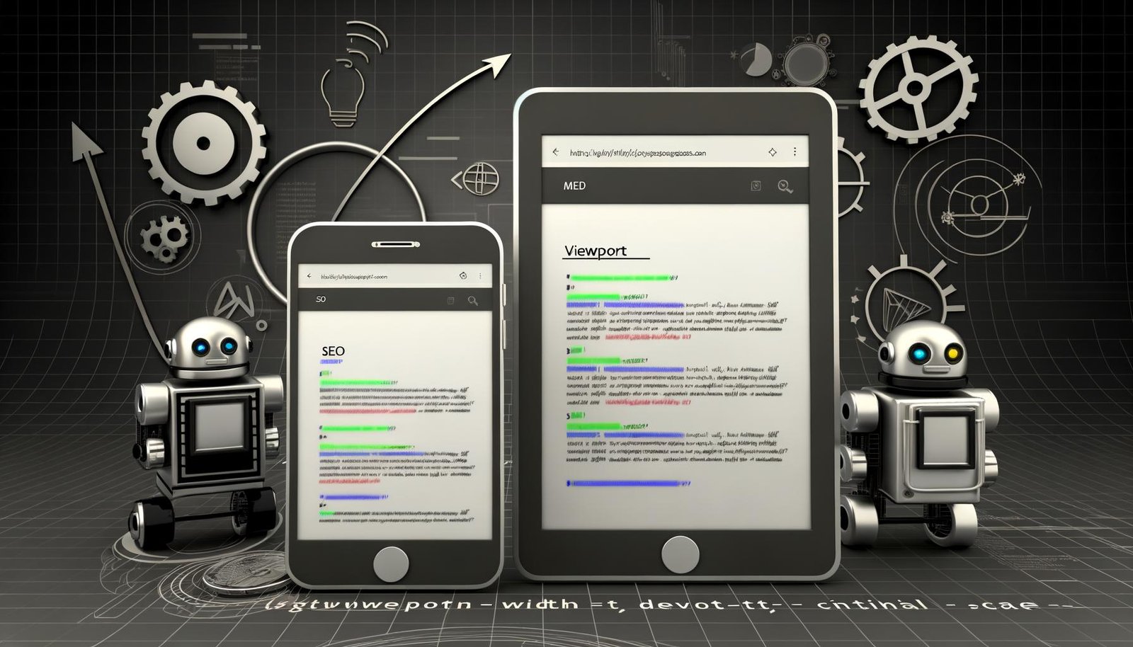Illustration von Smartphone und Tablet mit responsivem Webseiten-Layout, hervorgehobenem HTML-Viewport-Code und SEO-Symbolen auf digitalem Hintergrund.