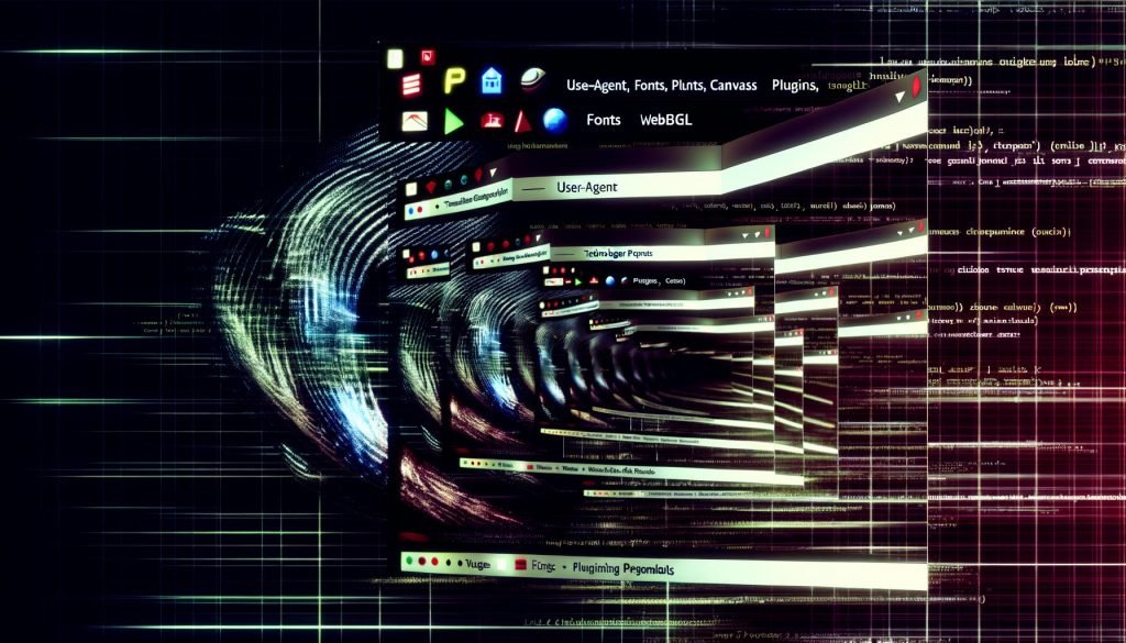 Modernes digitales Kunstwerk mit übereinanderliegenden, halbtransparenten Browserfenstern, aus denen technische Datenlinien und Parameter spiralförmig herausragen. Im Vordergrund ein aus bunten Browser-Icons und Code zusammengesetzter Fingerabdruck vor Matrix-ähnlichem Hintergrund.