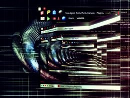 Modernes digitales Kunstwerk mit übereinanderliegenden, halbtransparenten Browserfenstern, aus denen technische Datenlinien und Parameter spiralförmig herausragen. Im Vordergrund ein aus bunten Browser-Icons und Code zusammengesetzter Fingerabdruck vor Matrix-ähnlichem Hintergrund.