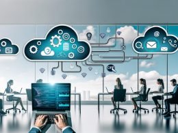 Minimalistische Illustration eines Marketing-Teams, das an Laptops in einem offenen, lichtdurchfluteten Büro arbeitet, mit großem Dashboard, Datenströmen, API- und Automatisierungssymbolen sowie Cloud-Icons von CRM, E-Mail, Analytics und Social Media.