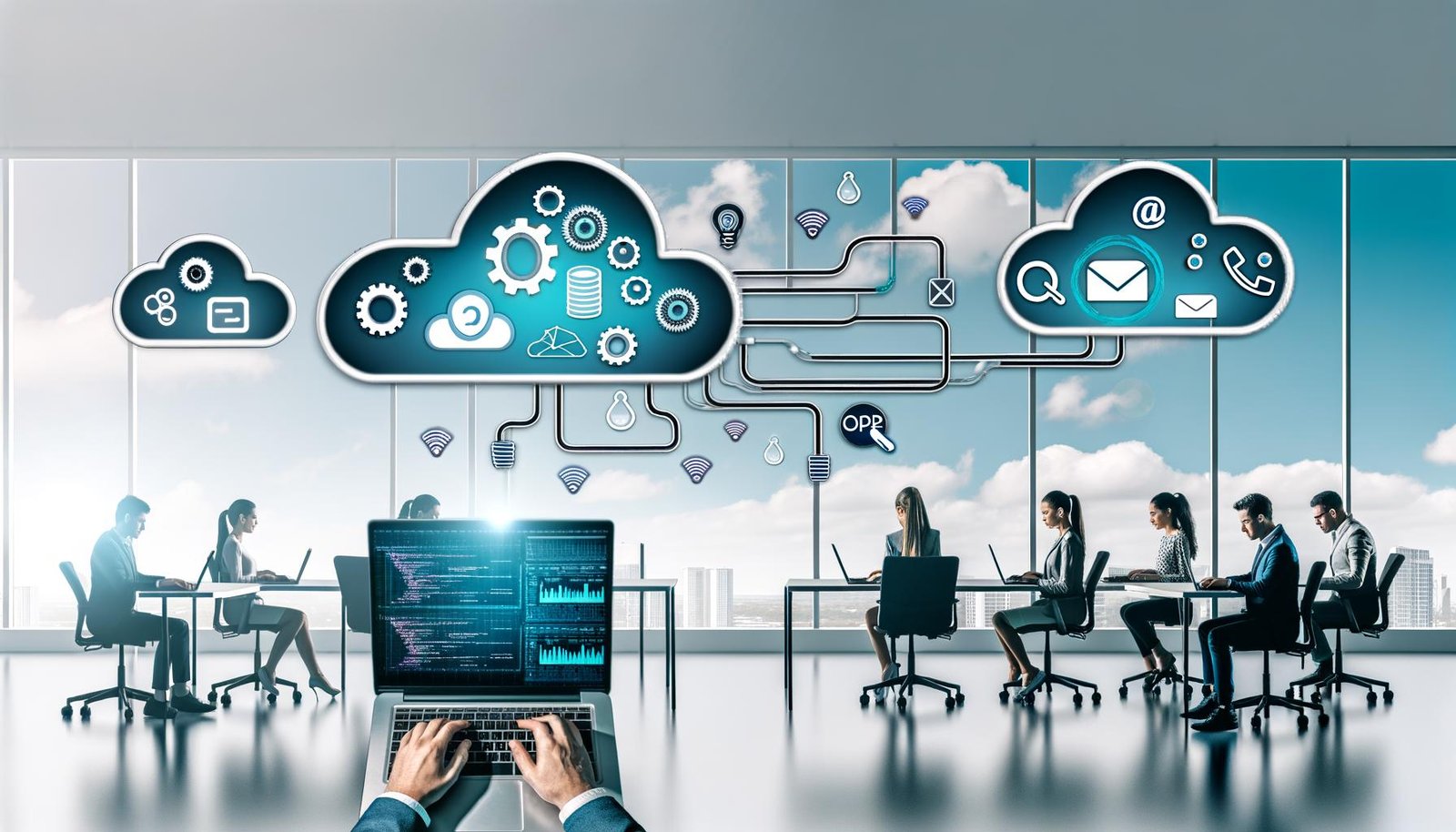 Minimalistische Illustration eines Marketing-Teams, das an Laptops in einem offenen, lichtdurchfluteten Büro arbeitet, mit großem Dashboard, Datenströmen, API- und Automatisierungssymbolen sowie Cloud-Icons von CRM, E-Mail, Analytics und Social Media.