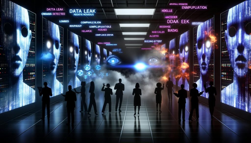 Düsterer Serverraum mit leuchtenden Datenströmen, glühäugigen KI-Silhouetten, Warnmeldungen auf Monitoren und erschrockener Business-Gruppe im Hintergrund, während Markenplakate brennen.