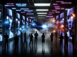 Düsterer Serverraum mit leuchtenden Datenströmen, glühäugigen KI-Silhouetten, Warnmeldungen auf Monitoren und erschrockener Business-Gruppe im Hintergrund, während Markenplakate brennen.