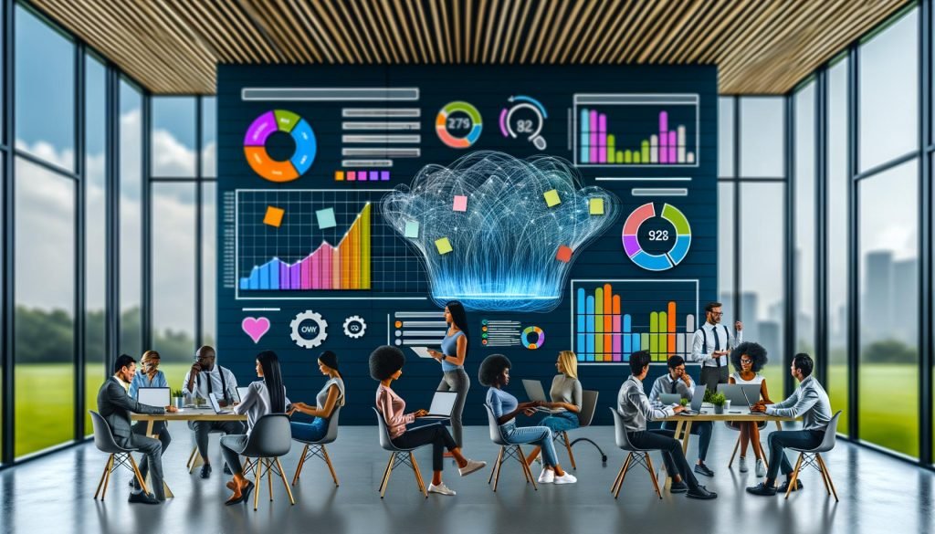 Team von Marketer:innen diskutiert SEO- und Content-KPIs vor Moodboard und Monitoren in einem modernen Open-Space-Büro, unterstützt von digitalen Tools zur Analyse.