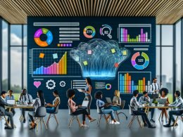 Team von Marketer:innen diskutiert SEO- und Content-KPIs vor Moodboard und Monitoren in einem modernen Open-Space-Büro, unterstützt von digitalen Tools zur Analyse.