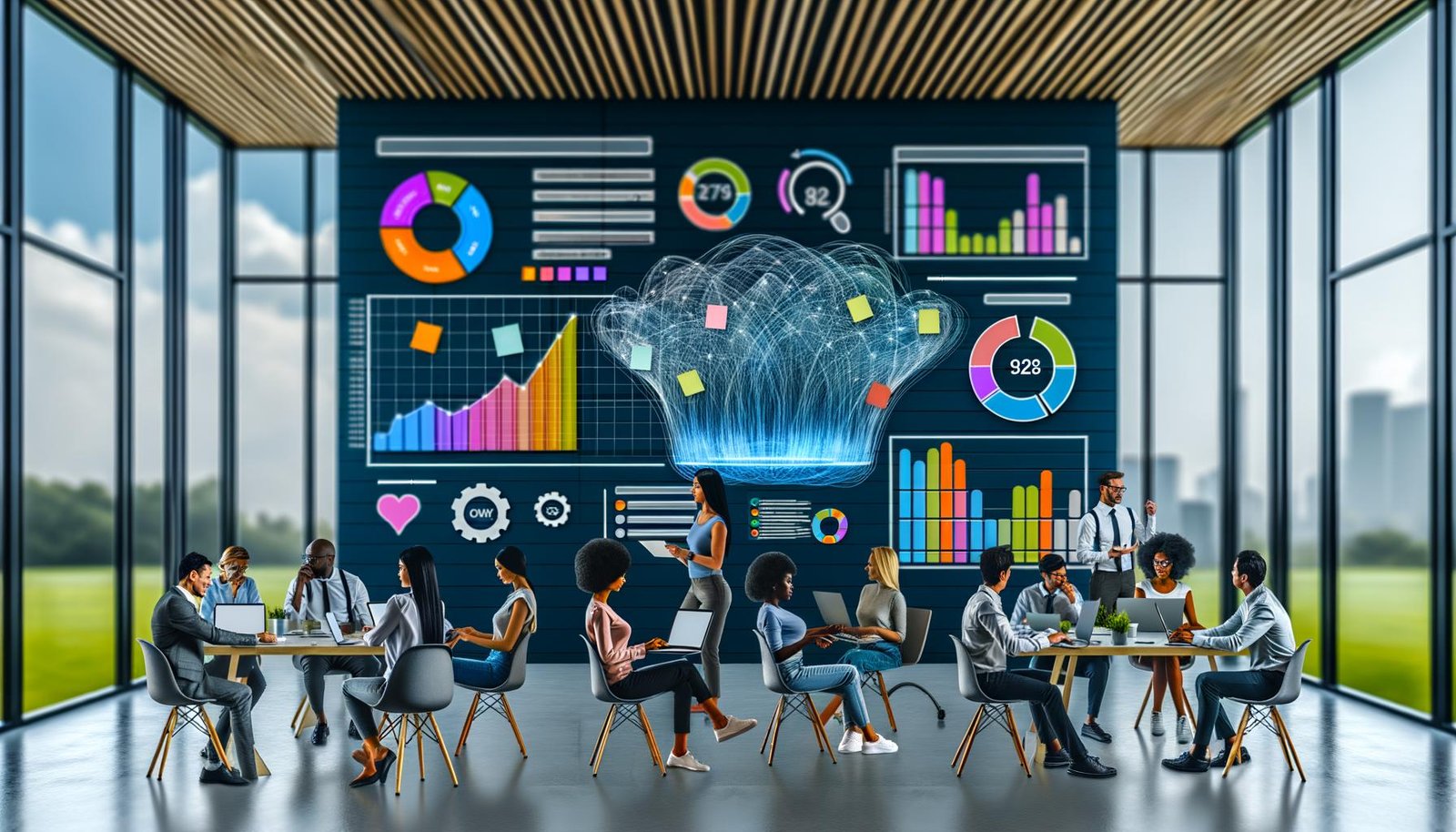 Team von Marketer:innen diskutiert SEO- und Content-KPIs vor Moodboard und Monitoren in einem modernen Open-Space-Büro, unterstützt von digitalen Tools zur Analyse.